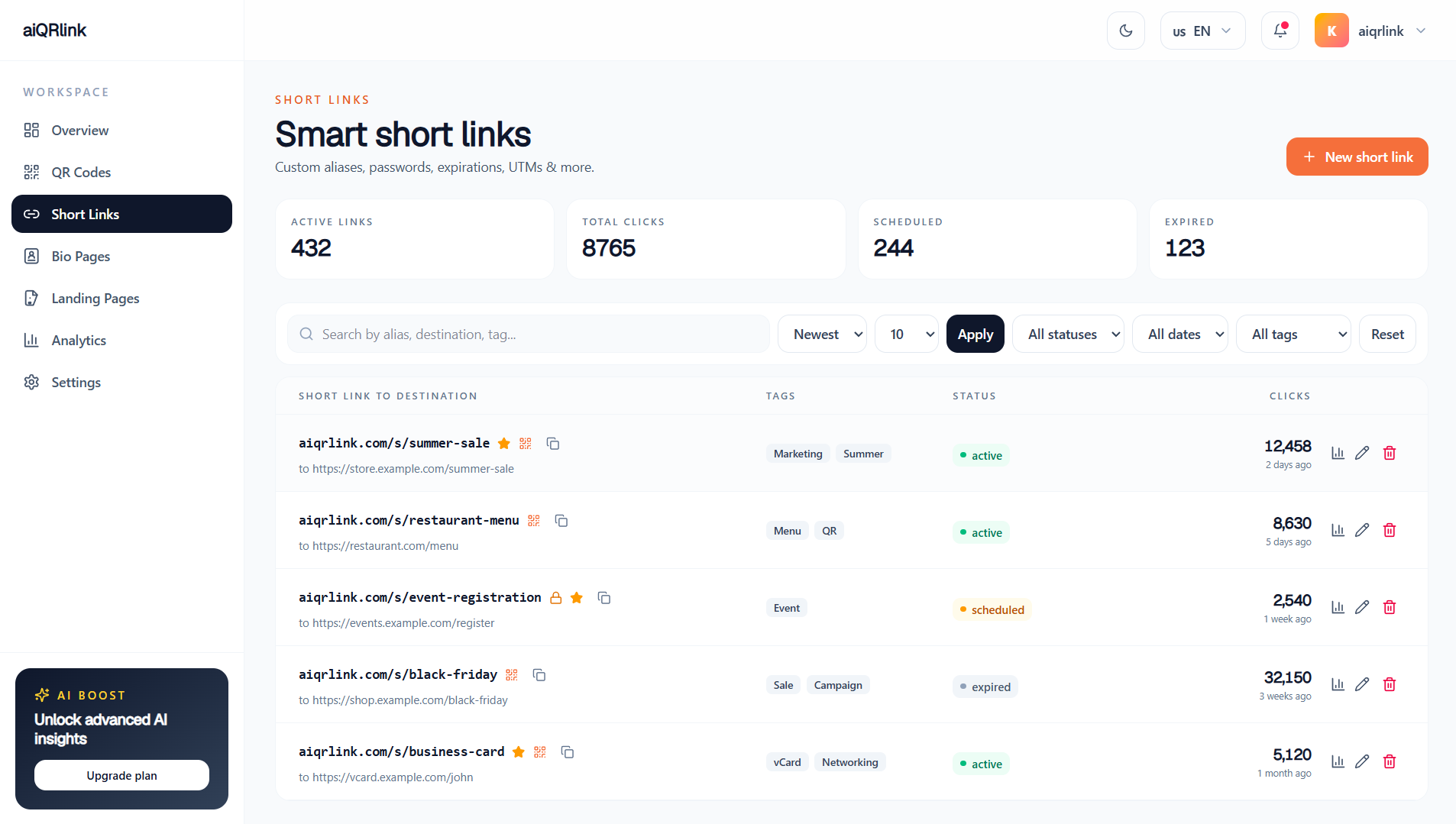 Short Links Interface